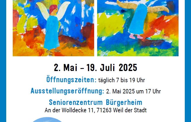 Plakat zur Ausstellung Zwei Stück Himmel mit bunten Bildern und Termindaten